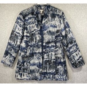 Chicos Jacket Women Sz 2 US 12 Blue‎ Silver One Hook Closure Shoulder Pads Lined